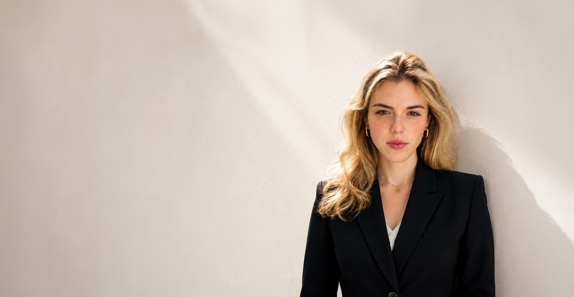 Olivia, Beziehungscoach, lehnt an einer sonnendurchfluteten Wand